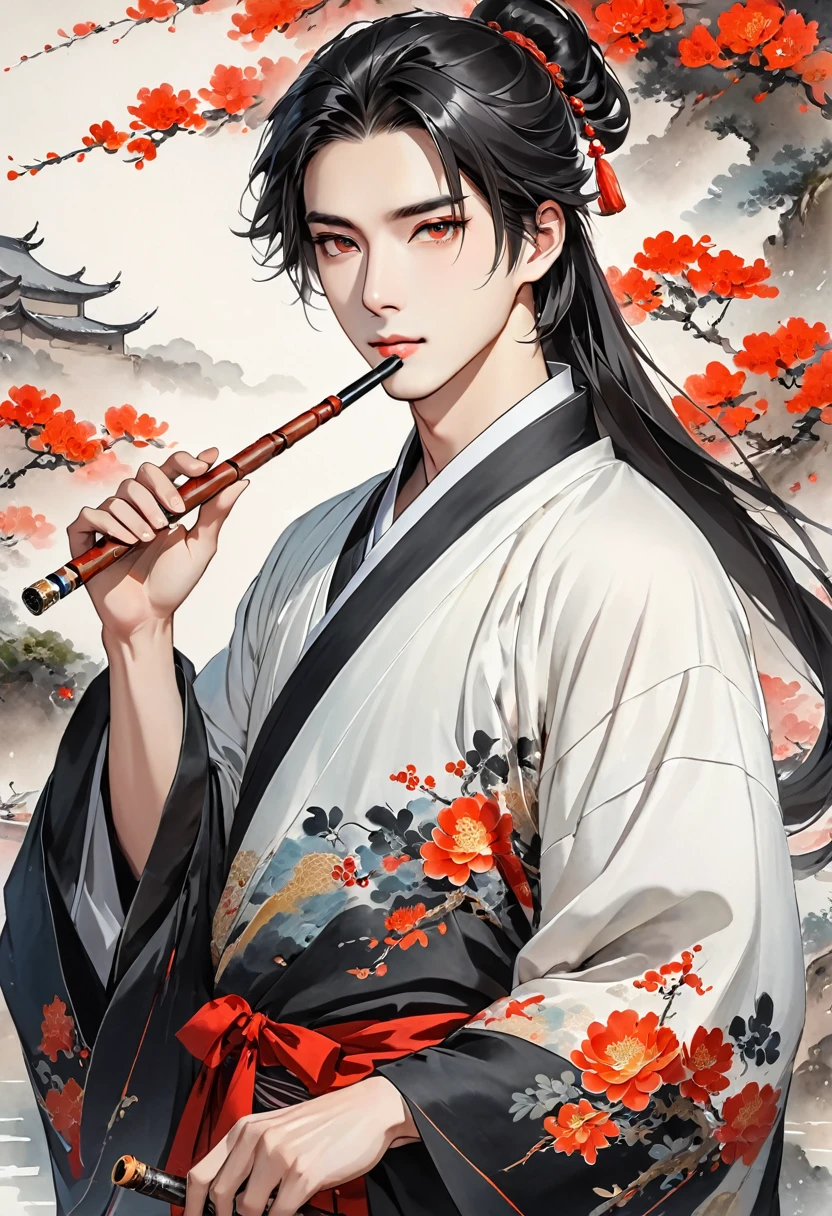 a chinese style man, holding a Chinese pipe in one hand, wearing a simple black hanfu, Eyes red, black hair long, silky white skin.