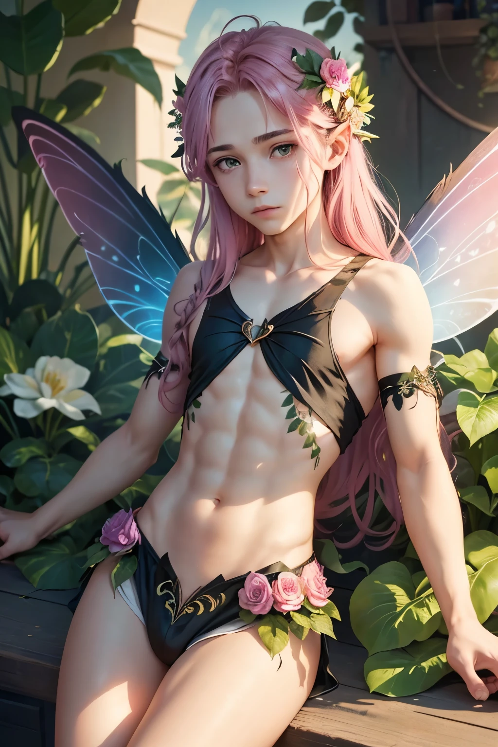 1boy, young male, teen, fairy, innocent face, cute face, youthful face, black eyes, fairy wings, flower fairy wings, pink fairy wings, long hair, green hair, thin body, short, sexy, skimpy, jockstrap, flowers, plants on body, plant body, flowers in hair, plant outfit