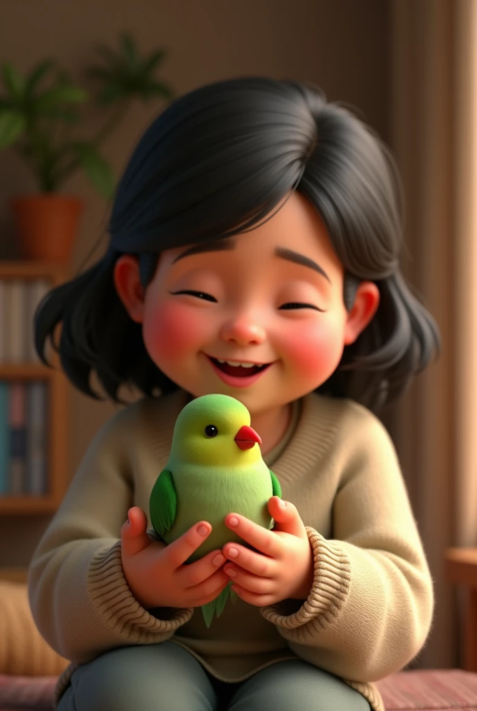 Pixar-style 3d animation, chubby woman, with dark hair, holding a small green bird, with a red beak, of the ring neck species Psitaculla krameri