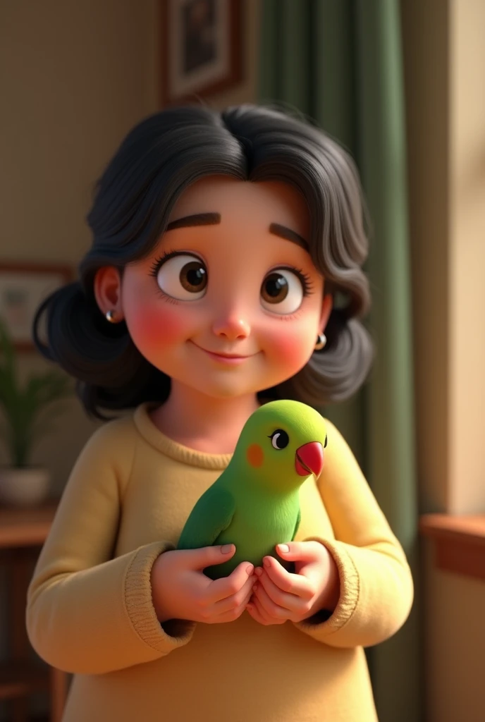 Pixar-style 3d animation, chubby woman, with dark hair, holding a small green bird, with a red beak, of the ring neck species Psitaculla krameri
