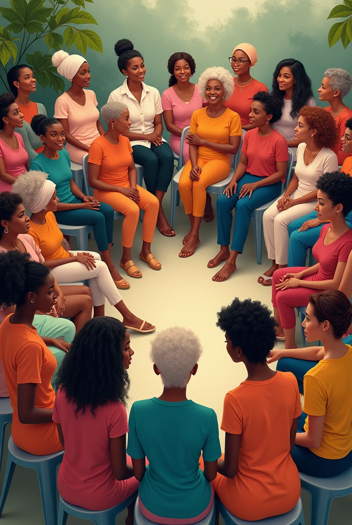 Could you create an illustration of a group of 50 women of all ages in a circle?, all sitting on chairs talking, that all women look good