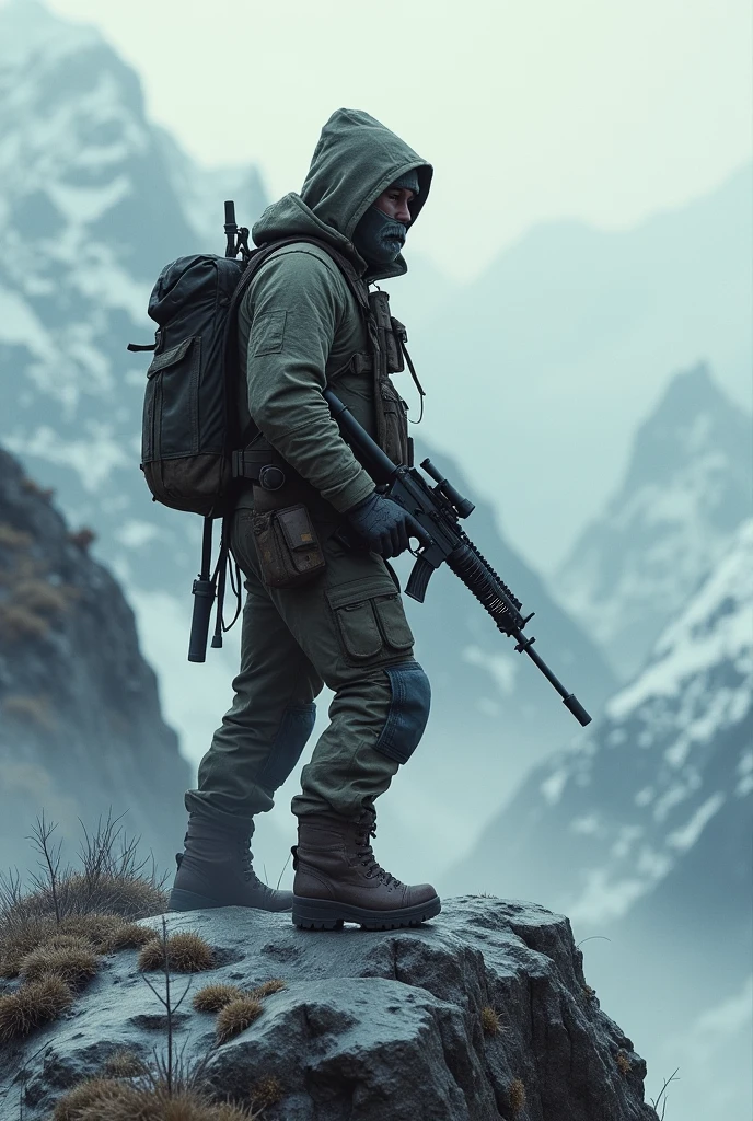 Image of a camouflaged survivor on top of a mountain in a zombie apocalypse