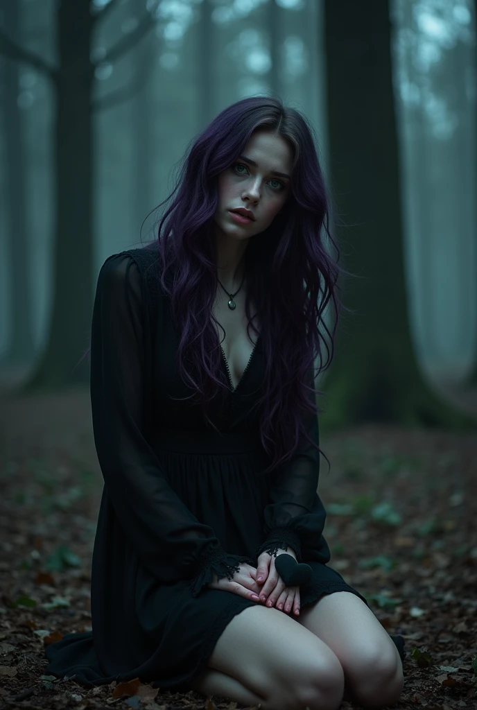 English woman,20 year, very white light skin,sparkling green eyes,long dark purple hair ,ripped black dress,kneeling crying,holding a broken black heart,black forest scenario,cold lighting,full focus,cinema image,品質,full body images,detailed,Photography,she is crying in despair