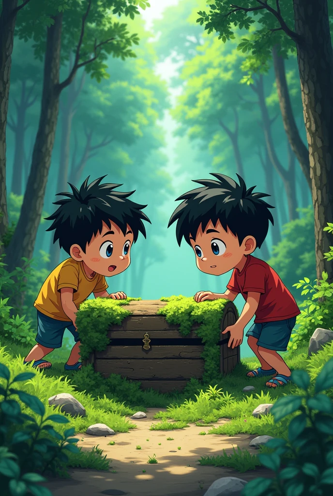 The 2 boys reach an old, moss-covered chest partially buried in the ground. Anime style