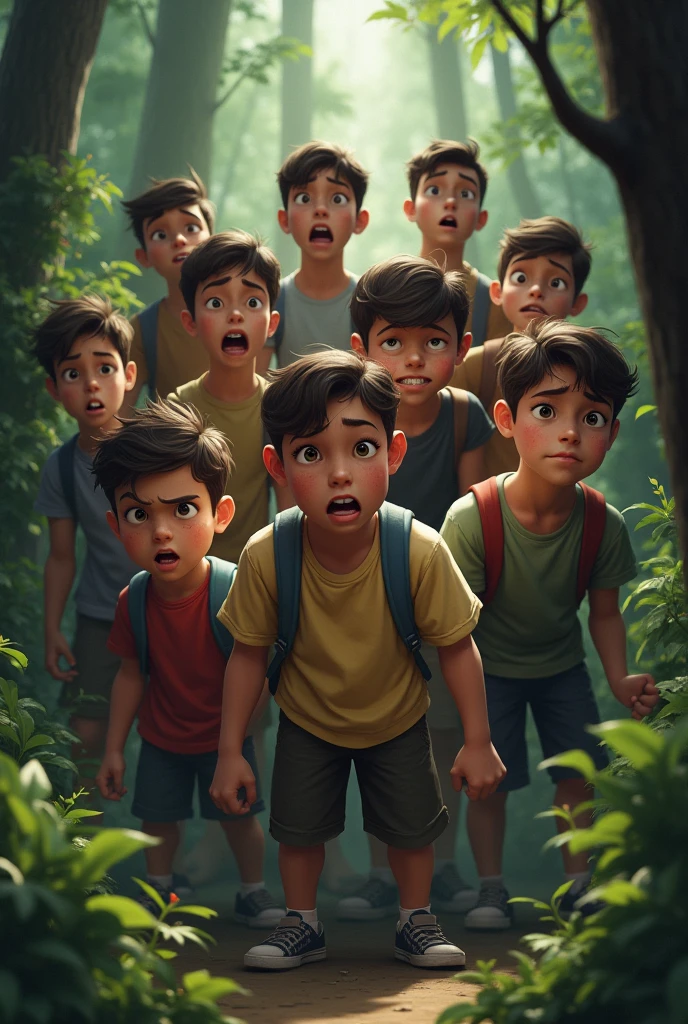 Village people with upset face in forest only boys
