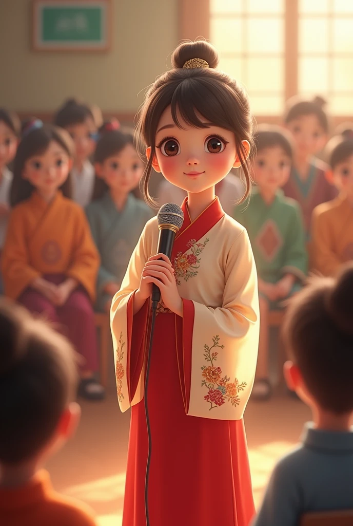 (highest quality, 4k, masterpiece:1.3), Lily, Young girl, (traditional attire:1.2), holding a microphone, standing in front of an audience, calm expression, (decorative embroidery:1.2), warm lighting, (soft focus background:1.1), large eyes, delicate features, medium dark hair tied in a bun, (school auditorium:1.0), sunlight streaming through windows, soft shadows, cultural event, colorful clothing, serene and joyful atmosphere