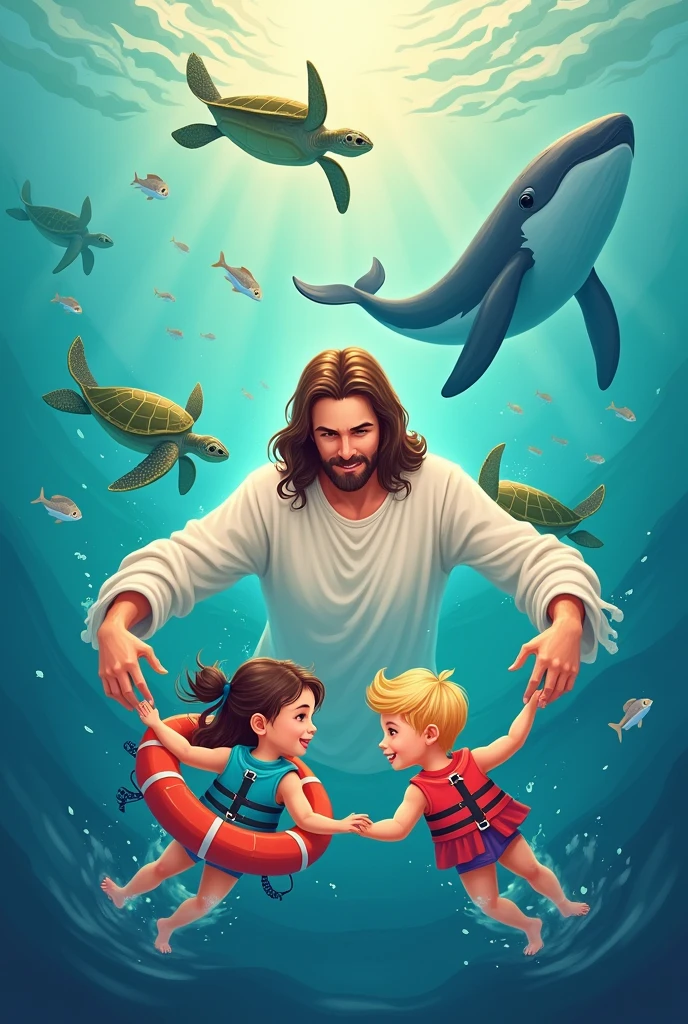 Create a written shirt art : Jesus our lifesaver. DRAWING of JESUS in the sea, with 2 cute kids with float, put fish, whale and turtles.
I WANT ALL THE ART IN DRAWINGS Set the theme: Jesus our life saver