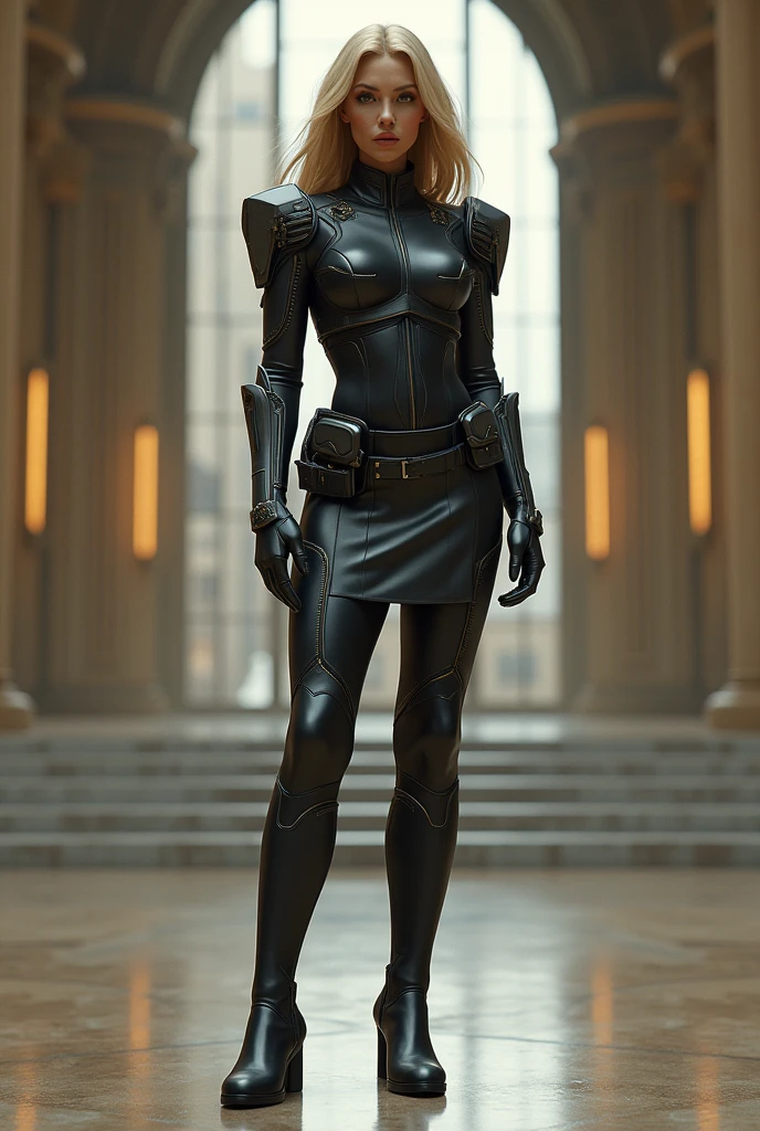 (photorealism:1.2), beautiful woman, Standing in a large room, wearing a science fiction military officers uniform, blonde hair, tall women, fit women, stern face, large breasts, fully covered. high leather boots, knee length skirt, metal shoulder pads on her uniform,