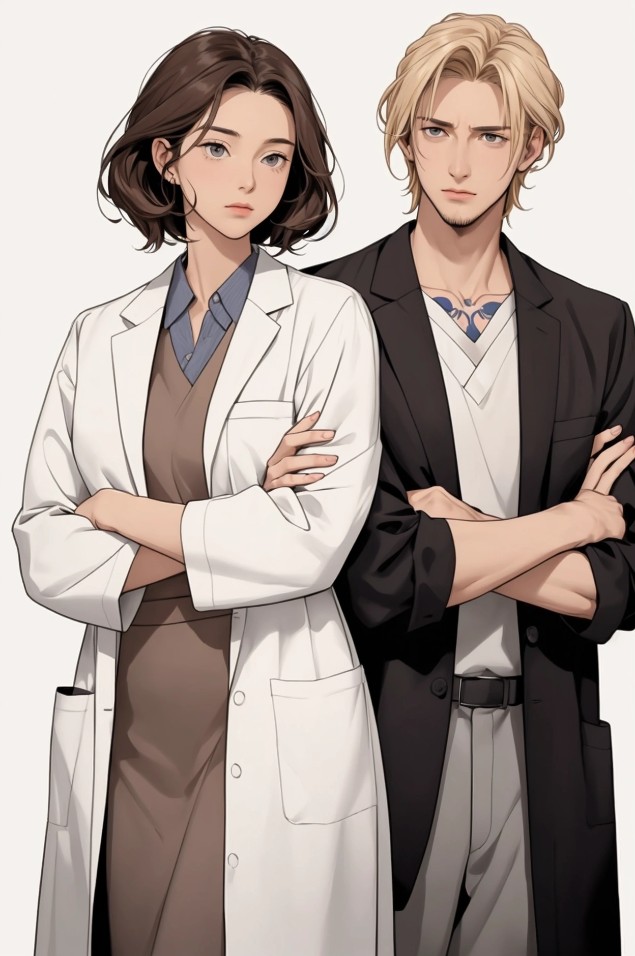 Hello, good afternoon. I would like a drawing of a man and a woman, in the style of American book covers. They have their backs to each other, with crossed arms. They are both doctors. He is tall, has a tattoo on his arm and blonde hair, he is wearing a surgical scrub and looks angry. She's short, pediatrician, wears a lab coat, has dark brown hair .