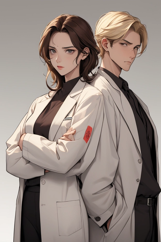 Hello, good afternoon. I would like a drawing of a man and a woman, in the style of American book covers. They have their backs to each other, with crossed arms. They are both doctors. He is tall, has a tattoo on his arm and blonde hair, he is wearing a surgical scrub and looks angry. She's short, pediatrician, wears a lab coat, has dark brown hair .