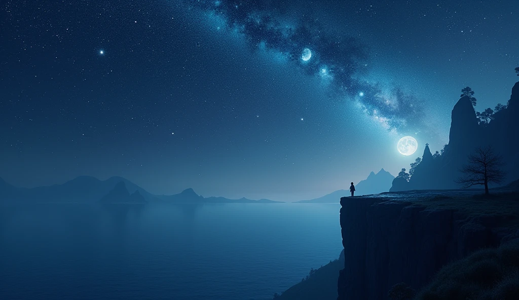 night view from cliff above sea, instead of sky is slightly visible galaxy large scale, falling star, two moons, one moon is bigger, fantasy sky