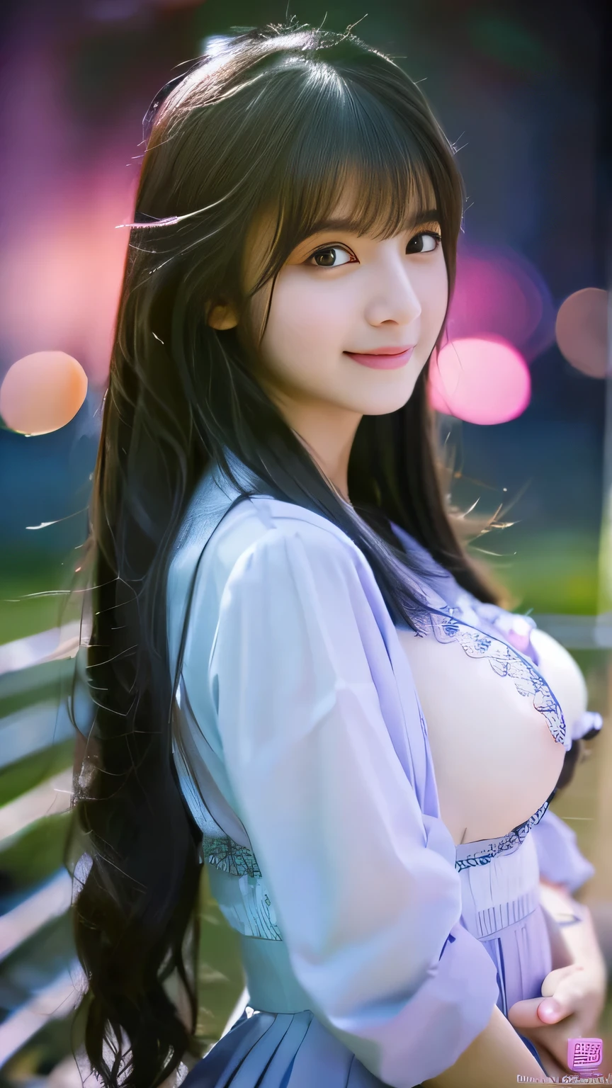 Highest quality,4K,8k,High resolution,masterpiece:1.2,Very detailed,A girl exuding fatigue,long, flowing black hair,Delicate features,Thinking eyes,White skin,Happy expression,Great atmosphere,Wearing a uniform、Gazing into the distance,,Romantic atmosphere、Roppongi Nightlife、Above-the-waist display、Ample breasts、Real Beauty、