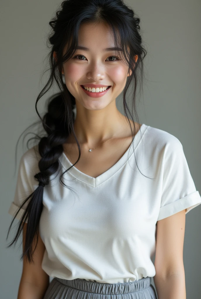 ((Highest quality)), ((masterpiece)), (detailed), Perfect Face, Beautiful Japanese Woman, White T-shirt, Fascinating, Face and body focus, (Large Breasts) , Grey pleated skirt, Fluffy fur hood, Realistic, photograph, Shiny blouse, smile