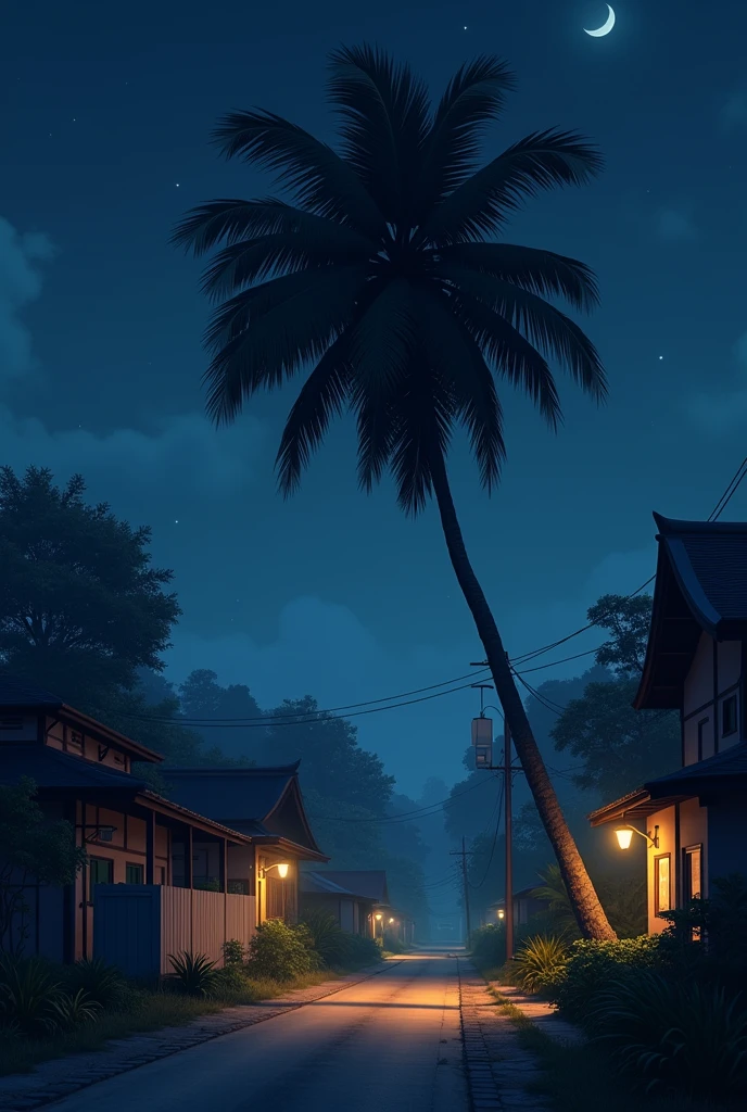 Only one Big palm trees on the side of the road at night time on village