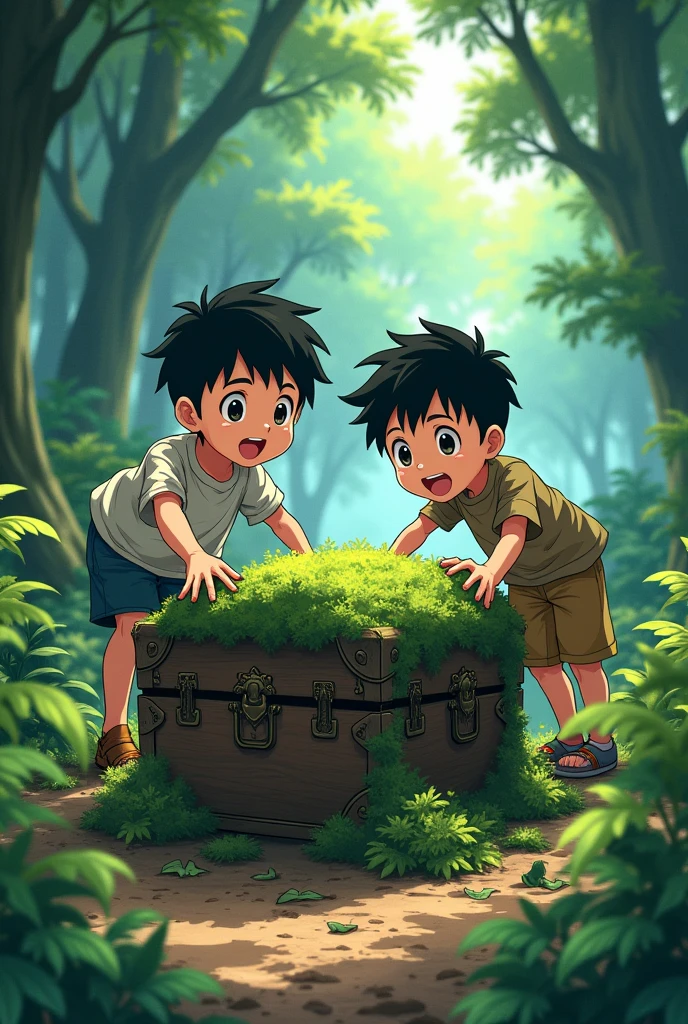 The 2 young boys reach an old, moss-covered chest partially buried in the ground. Anime style