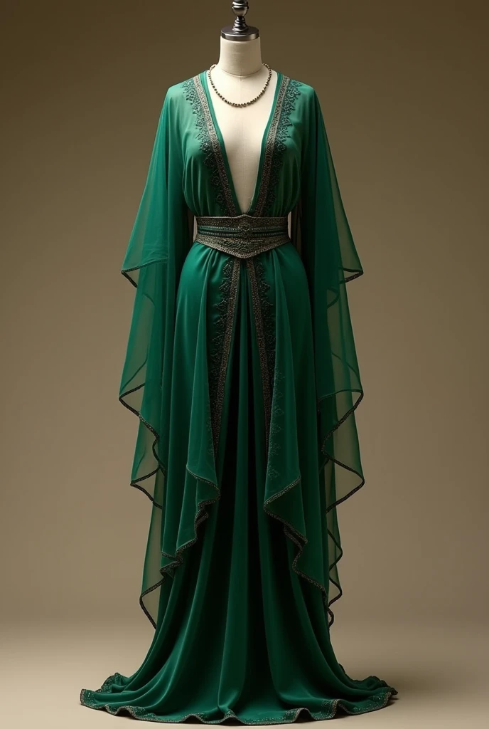 Create an image of the clothing of an Egyptian concubine, the color is green and black the clothes are put on a mannequin