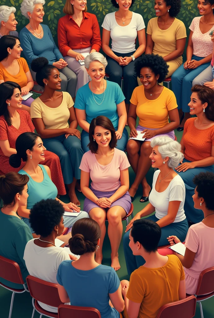 Could you create an illustration of a group of 50 women of all ages in a circle?, all sitting on chairs talking, that all women look good