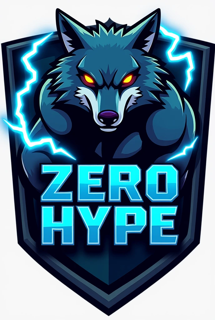 Gamer logo of a shield with a fierce wolf with glowing eyes and blue lightning, with the word ZERO HYPE written in blue letters