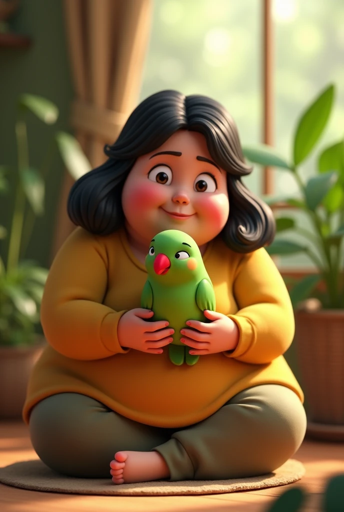 3d animation, chubby woman, with dark hair, holding a small green bird, with a red beak, of the ring neck species Psitaculla krameri