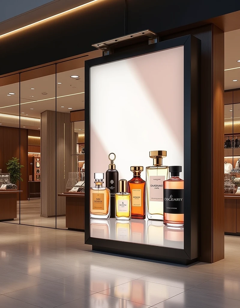 banner with a size of 1. meter wide and 1.60 meters high, mockups, in a perfumery shopping center 

