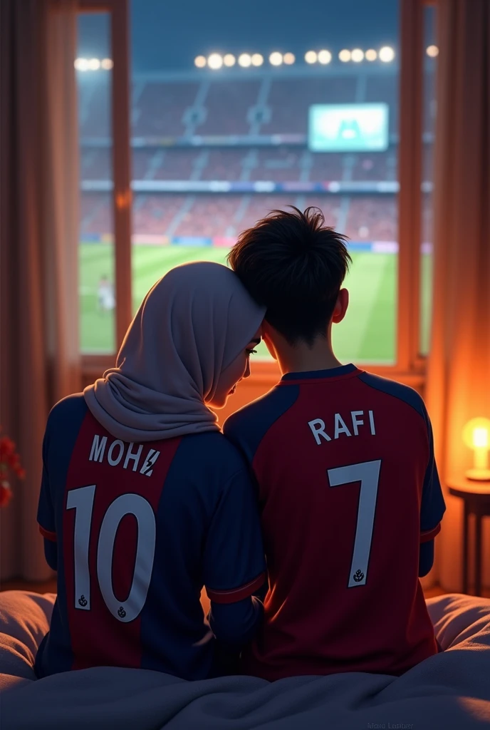 A couple name Mohona (girl) and Rafi (boy) is watching a football match Between Barcelona and Real mardid in their room. They are 20 years old. Both are Wearing Jersey and Their name behind the Jersey. Their Jersey number will be 10 and 7. It's need to show their name properly. The girl wear a hijab and giver her head into boys shoulder.