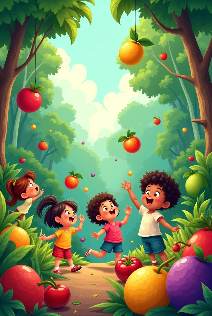 Mix kids are playing with friuts in jungle in cartoon form for kids