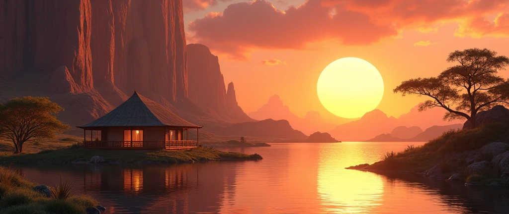 A stunning landscape of the African wilderness, a beautiful sunrise over a tranquil lake, an African hut on one side of the scene, dramatic cinematic lighting, majestic rock formations, no animals or evil, breathtaking view, extreme detail, (best quality, 4k, 8k, high definition, masterpiece: 1.2), extreme detail, (realistic, realistic, photorealistic: 1.37), dramatic lighting, cinematic composition Pixar style close to the Lion King animation The land area is larger than the lake Trees and rocks Attention to precise theatrical perspective High quality on the scale of theatrical design Clear details Greek character dominates the place