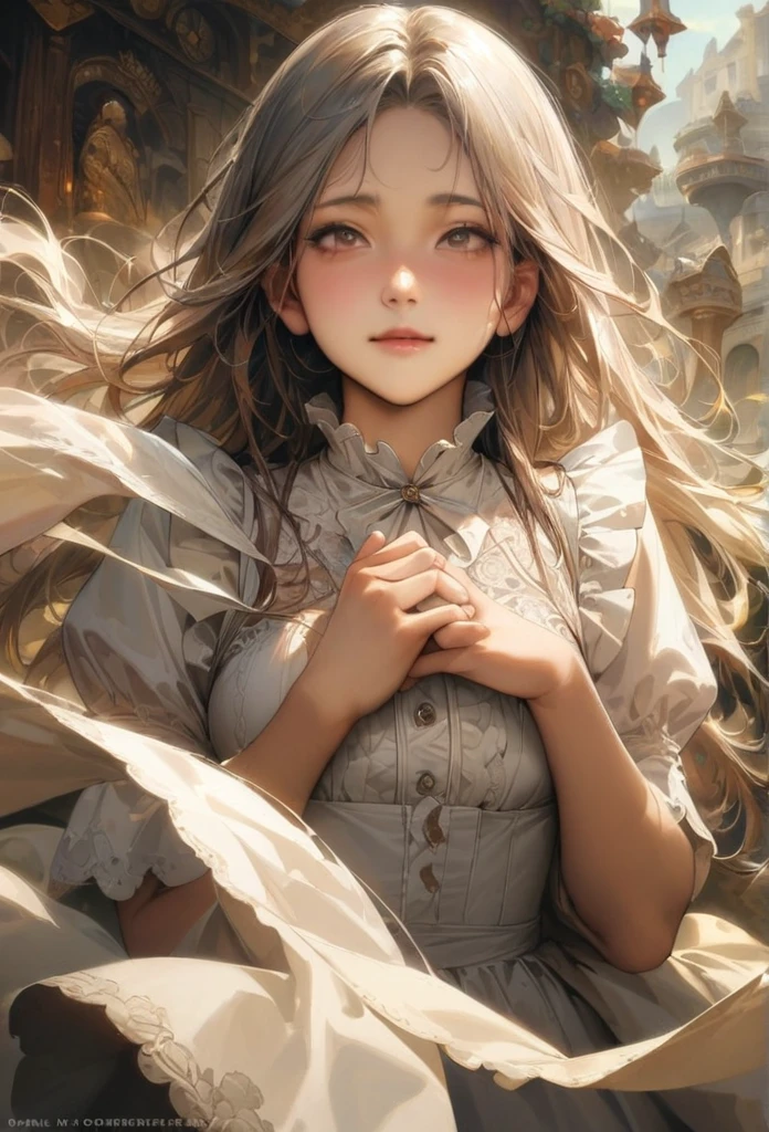 girl, surrounded by a dreamy and otherworldly atmosphere, hands brought together over heart, hair wrapping in the wind, long hair, happiness, pure, realistic, detailed background, (masterpiece, best quality, perfect composition, very aesthetic, absurdres, ultra-detailed, intricate details, Professional, official art, Representative work:1.3), (Animagine:0.01)、Showing off her panties、mini skirt、Not wearing a bra、The dust sparkles、Blushing、Open-chested maid outfit、See-through clothing、I'll show you how to roll up your panties with my own hands、White panties、shame