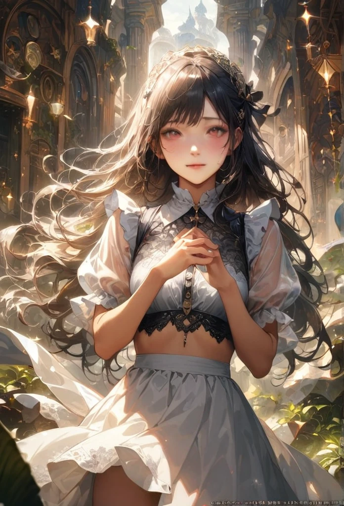 girl, surrounded by a dreamy and otherworldly atmosphere, hands brought together over heart, hair wrapping in the wind, long hair, happiness, pure, realistic, detailed background, (masterpiece, best quality, perfect composition, very aesthetic, absurdres, ultra-detailed, intricate details, Professional, official art, Representative work:1.3), (Animagine:0.01)、Showing off her panties、mini skirt、Not wearing a bra、The dust sparkles、Blushing、Open-chested maid outfit、See-through clothing、I&#39;ll show you how to roll up your panties with my own hands、White panties、shame