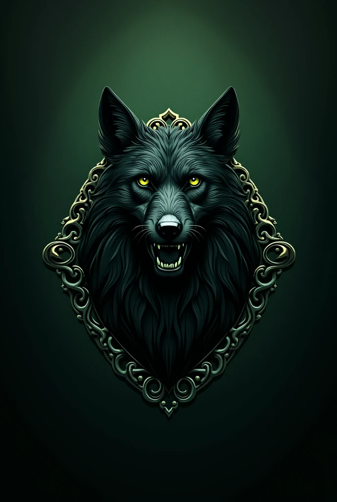 The emblem of the Necromancy faculty at Hogwarts. The color is dark green, the emblem has a black wolf with a grin. Wolf's eyes are green. The wolf should be drawn precisely in outline, as a symbol, not too realistic. The symbolism of necromancy. Coat of arms in a beautiful frame. Sterious mysterious gloomy vibes.