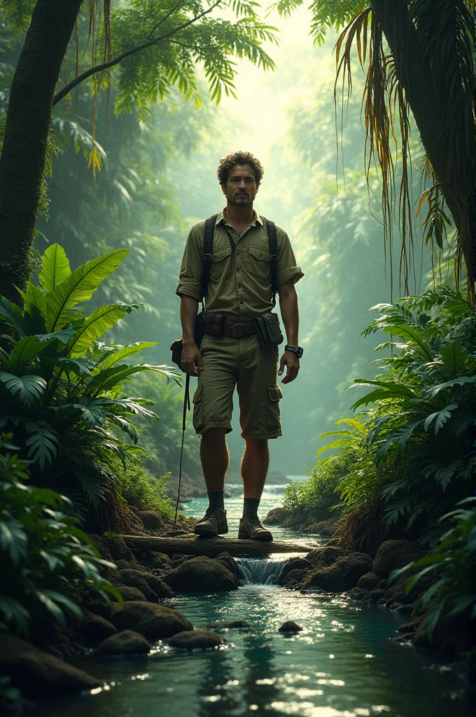 Make a man in the dense forest with a stream in the Amazon