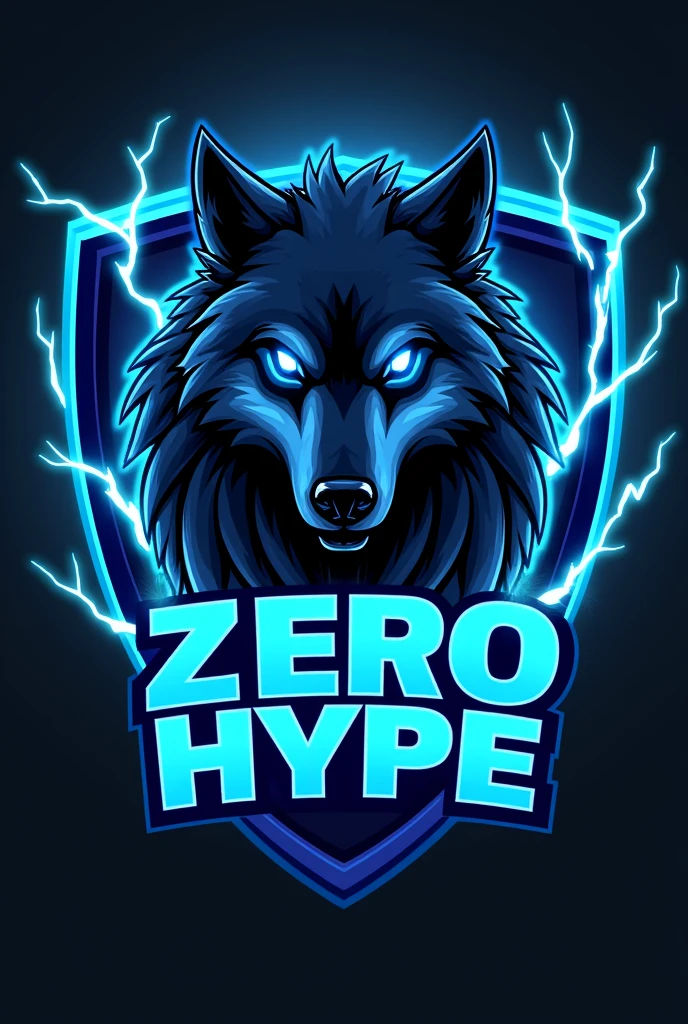 Gamer logo of a shield with a fierce wolf with glowing eyes and blue lightning, with the word ZERO HYPE written in blue letters