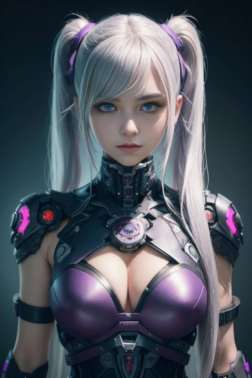 masterpiece, best quality, illustration, beautiful detailed eyes, colorful background, mechanical prosthesis, mecha coverage, emerging dark purple across with white hair, pig tails, disheveled hair, fluorescent purple, cool movement, rose red eyes, beatiful detailed cyberpunk city, multicolored hair, beautiful detailed glow, 1 girl, expressionless, cold expression, insanity, long bangs, long hair, lace, dynamic composition, motion, ultra - detailed, incredibly detailed, a lot of details, amazing fine details and brush strokes, smooth, hd semirealistic anime cg concept art digital painting, cyborg style,