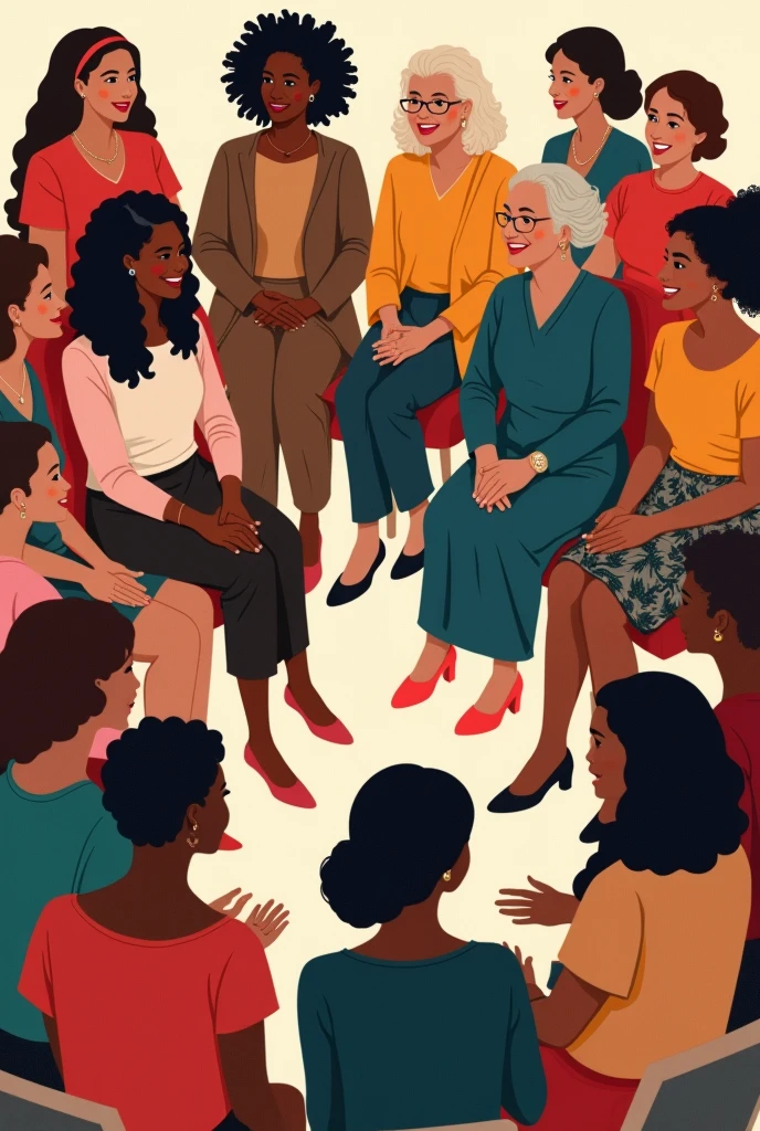 Could you create an illustration of a group of 50 women of all ages in a circle?, all sitting on chairs talking, that all women look good