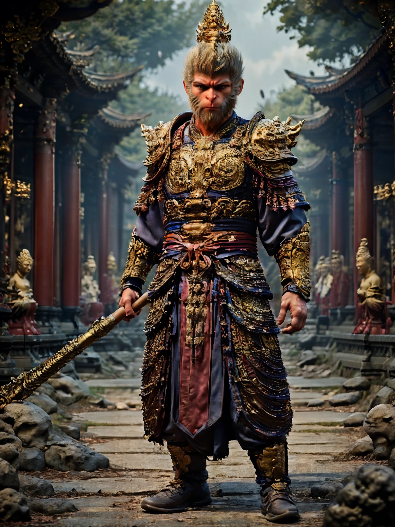 Monkey king ,1boy, Dressed in a Fashionable Sports Uniform, Staff, heavens, wind, Clear Silhouette, bright colors, Delicate Sakura Petals Swirl Around, Stylish Fashionable, full length, Wide Format Image, masterpiece, Full Detailing of the Details, Maximum Quality,