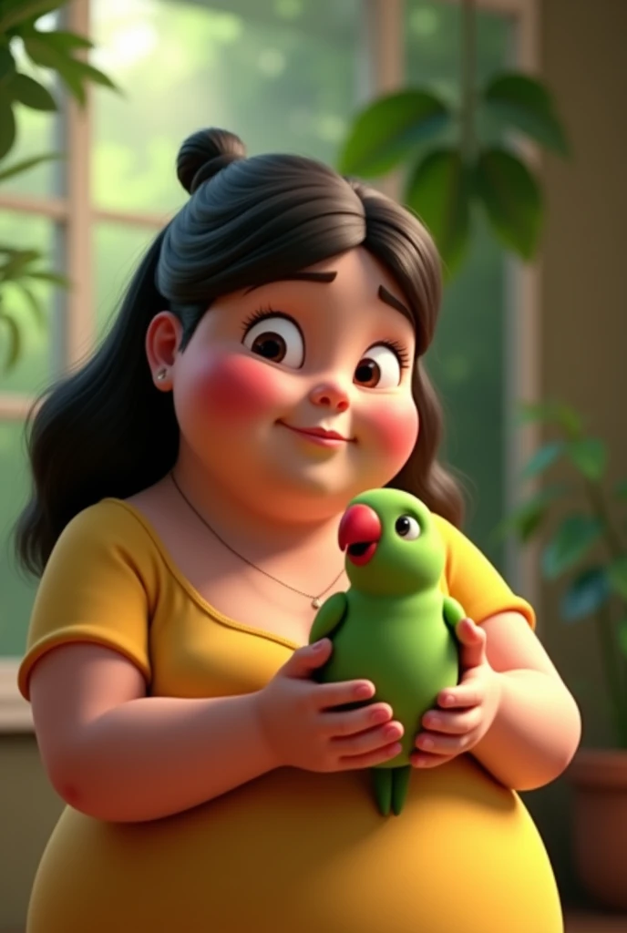 3d animation, chubby woman, with dark hair, holding a small green bird, with a red beak, of the ring neck species Psitaculla krameri