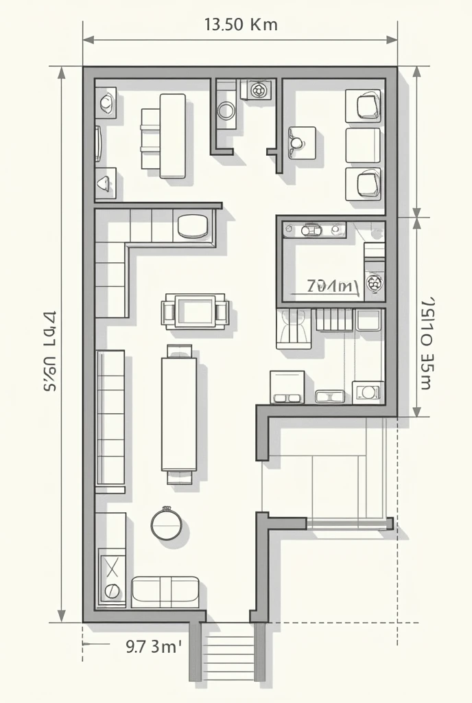 A plan of a house that measures 13.50 long and 7.60 wide with its measurements and dimensions