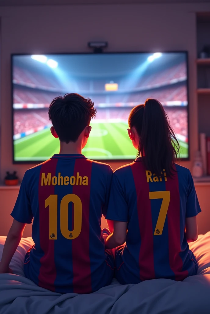 A couple name Mohona (girl) and Rafi (boy) is watching a football match Between Barcelona and Real mardid in their room. They are 20 years old. Both are Wearing Jersey and Their name behind the Jersey. Their Jersey number will be 10 and 7. It's need to show their name properly.