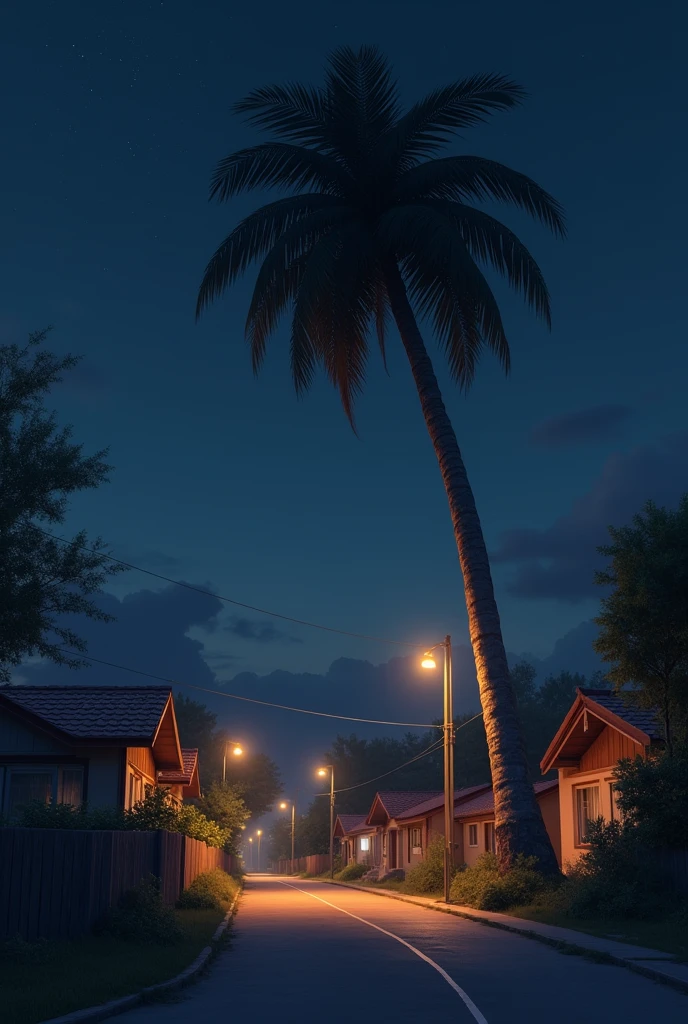 Only one Big palm trees on the side of the village road at night time 