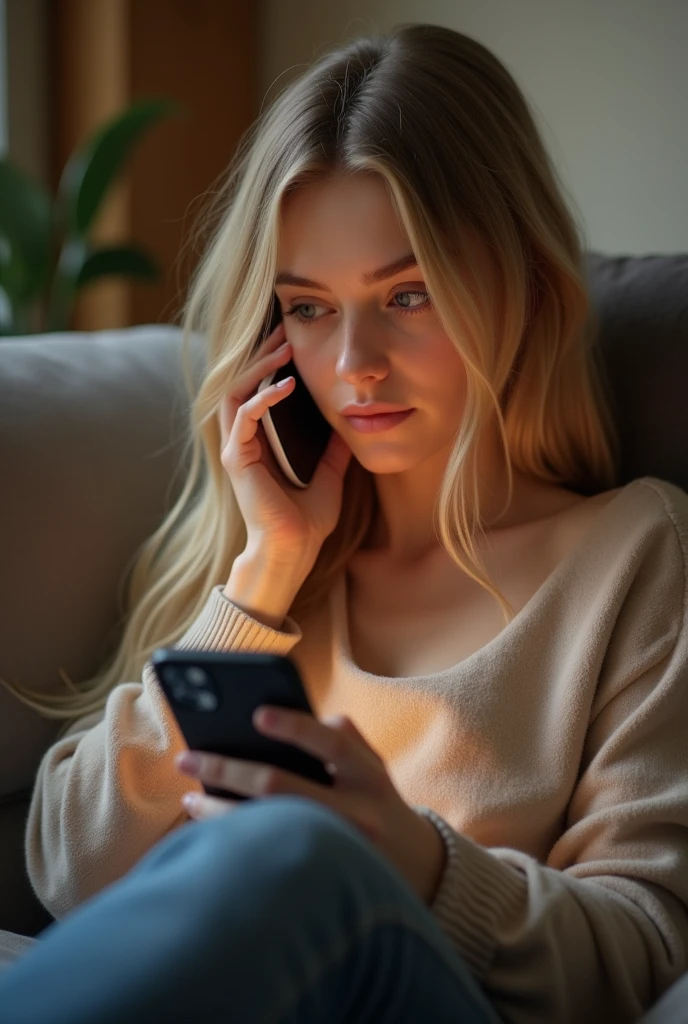 A white woman with straight hair, slightly light eyes and a round nose with a cell phone lying on the couch talking to another friend.
