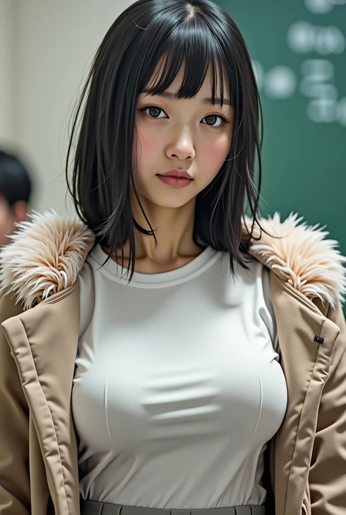 ((Highest quality)), ((masterpiece)), (detailed), Perfect Face, Beautiful Japanese Woman, White T-shirt, Fascinating, Face and body focus, (Large Breasts) , school uniform, Tight white silk blouse, Grey pleated skirt, Fluffy fur hood, Realistic, photograph, Shiny blouse, blush, In the classroom
