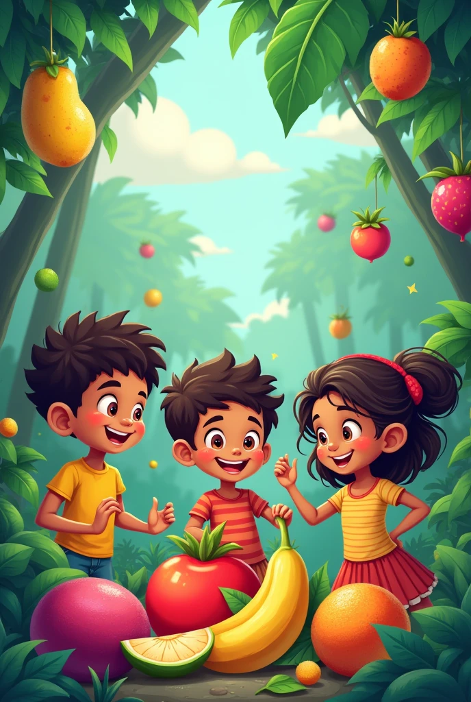 Mix kids are playing with friuts in jungle in cartoon form for kids one more in different form