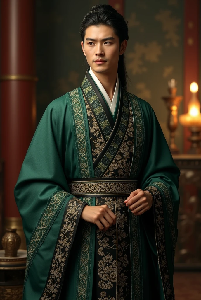 Create the image of a male concubine&#39;s clothing, His clothes are dark green with black. He clarified that he is a man, not a woman. 