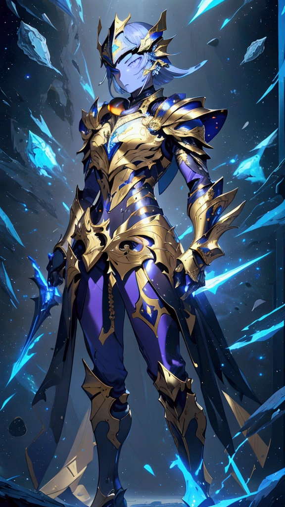It's a man. The image presents a highly detailed and futuristic armor designed for a male warrior. The armor combines elements from different parts to create a cohesive and powerful look. Helmet: The helmet features a sleek, aerodynamic design with a golden metallic finish. It has a central crest that rises upwards, and the visor glows with a bright blue light, giving it a high-tech, futuristic appearance. Pauldrons (Shoulder Pads): The shoulder pads are designed to be close to the chest, with angular lines extending smoothly toward the shoulders. They have a polished golden finish and curve elegantly upward, creating a harmonious transition between the chest and shoulders, while providing a majestic and protective look. Chest Plate: The chest plate is intricately segmented, with a combination of gold and dark metallic blue. It has a gem-like crystal in the center that emits a soft, mystical glow. The design of the chest plate is both protective and regal, with sharp, angular lines that add to the overall futuristic aesthetic. Arm Guards: The arm guards are sleek and streamlined, with articulated golden and purple segments that offer flexibility and protection. The design of the gauntlets is both robust and elegant, incorporating futuristic elements that blend with the classic style. Leg Armor: The legs are armored with segmented plates that are primarily gold and purple. The boots are angular and sturdy, with a design that conveys both strength and agility. The overall look of the leg armor is grounded yet sleek, completing the ensemble with a powerful stance. The background of the image is a dark cosmic scene, filled with distant stars and nebulae that highlight the polished surfaces of the armor. Dynamic lighting is used to emphasize the key features, particularly the glowing visor and central chest gem, reinforcing the mystical and imposing nature of the warrior.