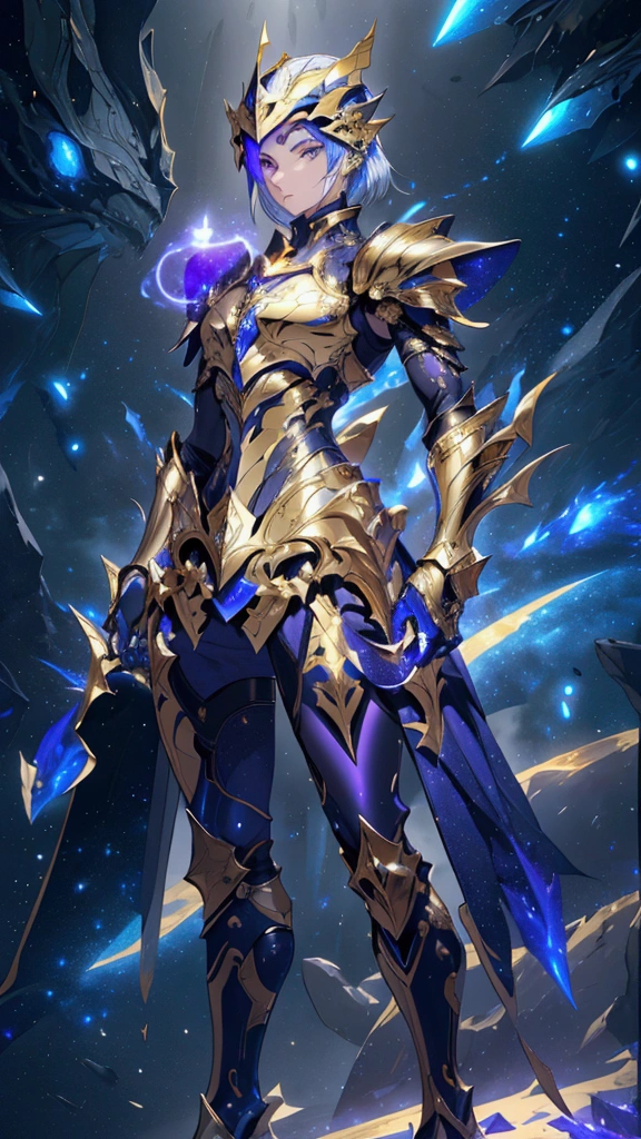 It's a man. The image presents a highly detailed and futuristic armor designed for a male warrior. The armor combines elements from different parts to create a cohesive and powerful look. Helmet: The helmet features a sleek, aerodynamic design with a golden metallic finish. It has a central crest that rises upwards, and the visor glows with a bright blue light, giving it a high-tech, futuristic appearance. Pauldrons (Shoulder Pads): The shoulder pads are designed to be close to the chest, with angular lines extending smoothly toward the shoulders. They have a polished golden finish and curve elegantly upward, creating a harmonious transition between the chest and shoulders, while providing a majestic and protective look. Chest Plate: The chest plate is intricately segmented, with a combination of gold and dark metallic blue. It has a gem-like crystal in the center that emits a soft, mystical glow. The design of the chest plate is both protective and regal, with sharp, angular lines that add to the overall futuristic aesthetic. Arm Guards: The arm guards are sleek and streamlined, with articulated golden and purple segments that offer flexibility and protection. The design of the gauntlets is both robust and elegant, incorporating futuristic elements that blend with the classic style. Leg Armor: The legs are armored with segmented plates that are primarily gold and purple. The boots are angular and sturdy, with a design that conveys both strength and agility. The overall look of the leg armor is grounded yet sleek, completing the ensemble with a powerful stance. The background of the image is a dark cosmic scene, filled with distant stars and nebulae that highlight the polished surfaces of the armor. Dynamic lighting is used to emphasize the key features, particularly the glowing visor and central chest gem, reinforcing the mystical and imposing nature of the warrior.