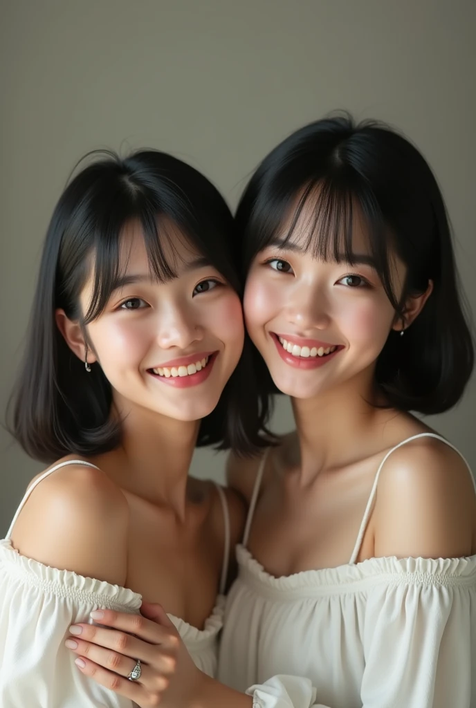 Identical twin sisters taking a selfie, Japanese, bangs, smile、Off-the-shoulder tops、(8k、uhd、Live Shooting、Highest quality、masterpiece:1.2)、Super detailed、Super Resolution、(Hyper Reality、)Super detailed、Super Resolution、(Real、Actual Photos:1.47)、(They are hugging each other.)Leaning closer、(Fantastic lighting)Hug me、Cinema lighting、White skin、Fair-skinned female proofreading、ultra HD、Stylish lighting、Beautiful female proofreader reflecting light、Amazing details、Highly detailed beautiful、Highly detailed face、Highly detailed eyes、Extremely realistic skin、 Highly detailed fingers, Highly detailed nose, Highly detailed mouth,
