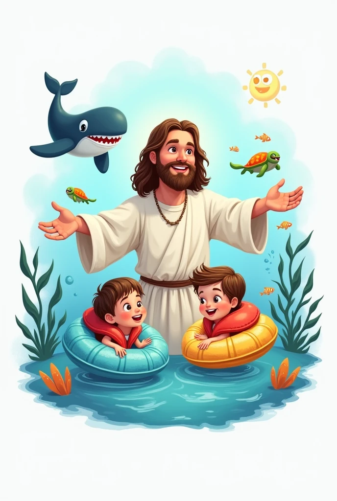 Create a written shirt art : Jesus our lifesaver. DRAWING of JESUS in the sea, with 2 cute kids with float, put fish, whale and turtles.
I WANT ALL THE ART IN CARTOON White background