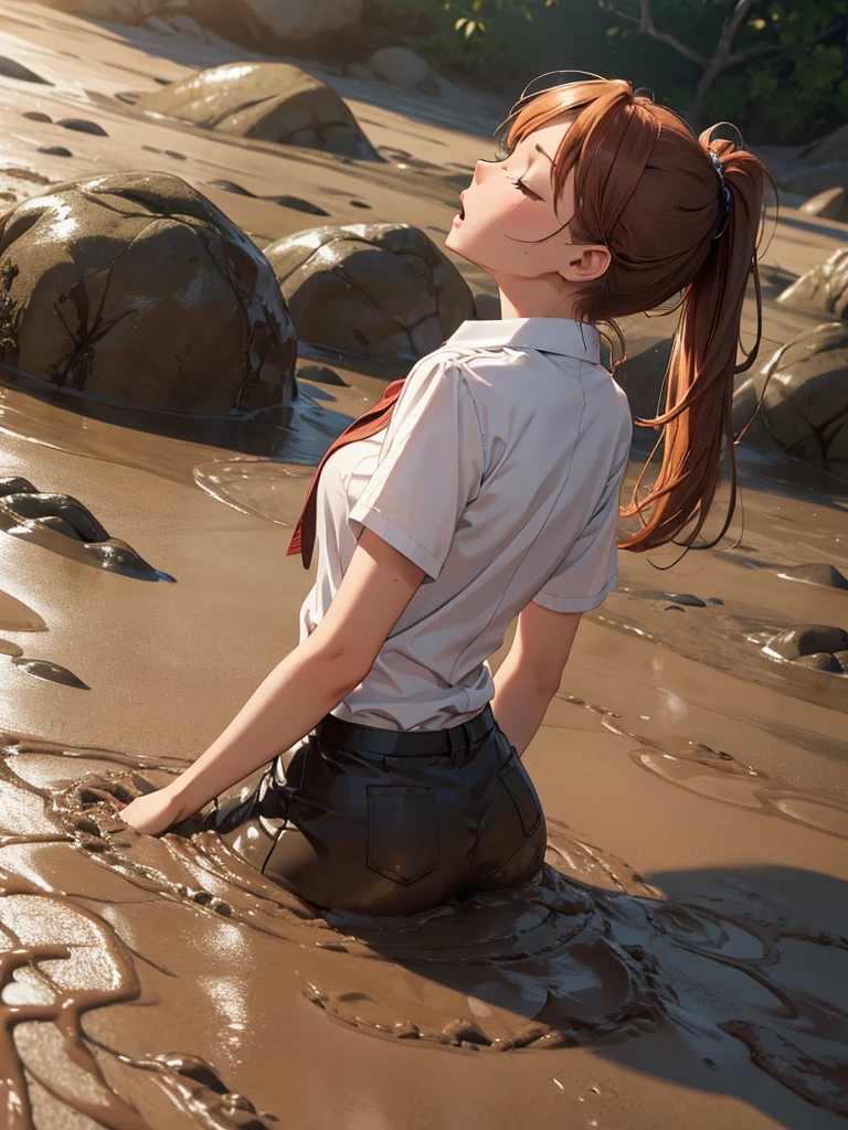1girl, solo, masterpiece, best quality, high res, highly detailed, (illustration), eyes closed, yuigahama yui, ginger hair ponytail, glossy lips, light makeup, orgasm, open mouth, intimate moment, school shirt, torso, (quicksand:1.4), (from back or side:1.0), bog, swampy, arched back, (headback:0.8), dirty, muddy, soiled,