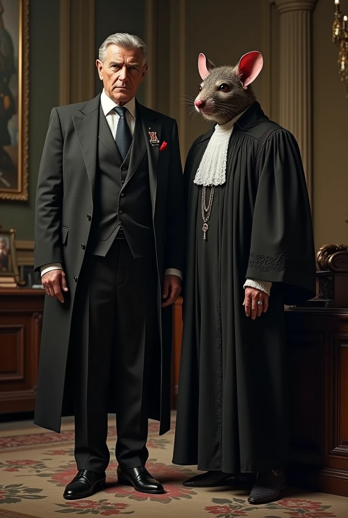 Create an image of an authority figure wearing luxury Prada clothes and next to him a disgusting rat wearing a judge's robe