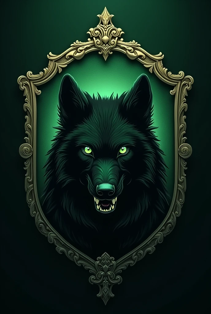 The emblem of the Necromancy faculty at Hogwarts. The color is dark green, the emblem has a black wolf with a grin. Wolf's eyes are green. The wolf should be drawn precisely in outline, as a symbol, not too realistic. The symbolism of necromancy. Coat of arms in a beautiful frame. Sterious mysterious gloomy vibes.